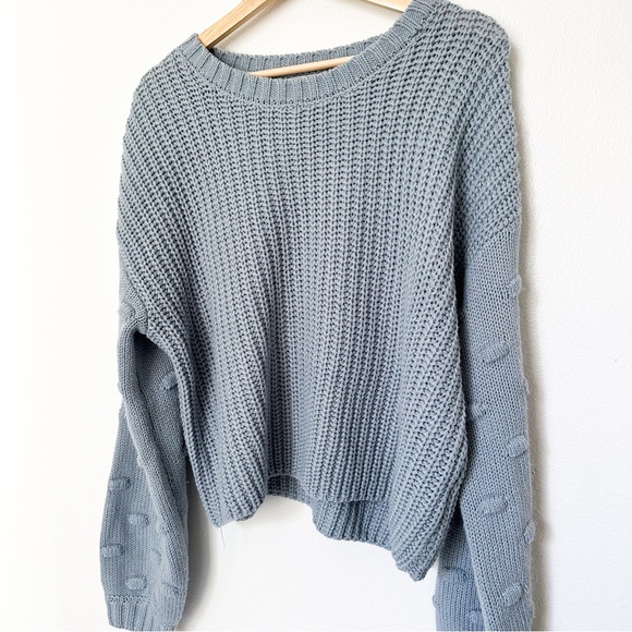 Jessica Simpson Pale Blue Pom Pom Style Bell Sleeves Sweater Crewneck — Size L - Picture 4 of 8